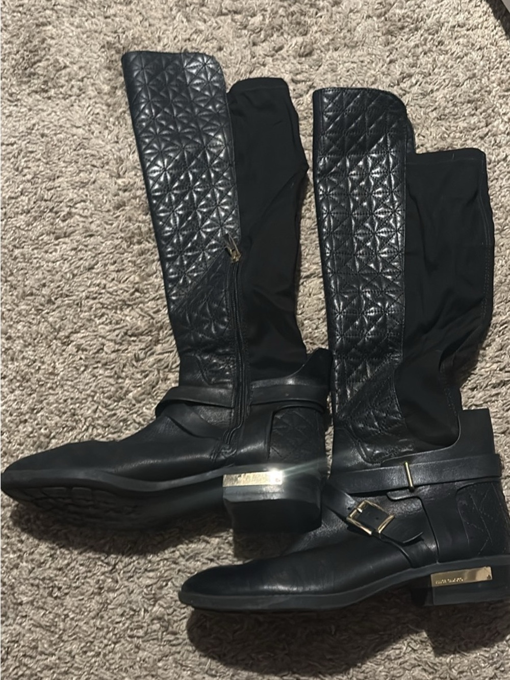 Vince Camuto Black Quilted Over-the-Knee Riding Boots with Gold Accents